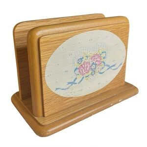 Vintage 1980’s Blue Ribbons & Flowers Honey Oak Napkin Holder Country Cottage